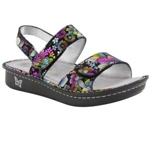 Alegria Verona Colorful Floral Sandals Black Boho Comfort Leather 7 Slip Hippie